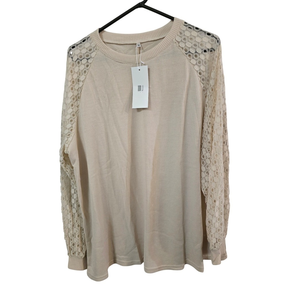 JWD Beige Waffle Knit Top Crochet Lace Long Sleeve Crew Neck Plus Size‎ 3X NWT